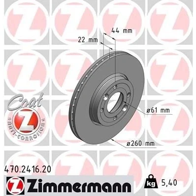 Imagem de ZIMMERMANN COAT Z 470.2416.20 Disco de travão 260 22 6/4 4 100 ventilado fora revestido alto carbono RENAULT: MEGANE 2, CLIO 3, 2 Stufenheck