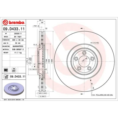 Imagem de BREMBO 09.D433.11 Disco de travão 380 36 5 interior ventilado revestido alto carbono JAGUAR: XF Sedan