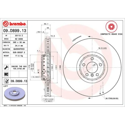 Imagem de BREMBO 09.D899.13 disco de travão 395 36 5 interior ventilado, duas peças revestido alto carbono com parafusos BMW: X5, X6