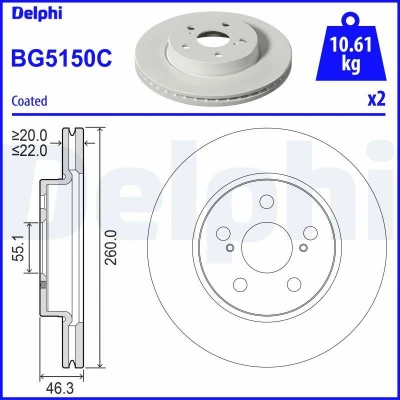 Imagem de Disco de travão DELPHI BG5150C frente/ventilado/1 peça