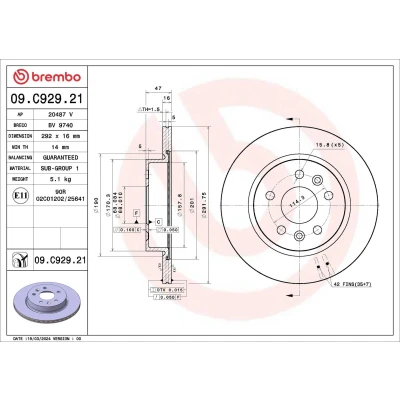 Imagem de BREMBO Disco de travão 292mm 16mm 5 interior ventilado revestido 09.C929.21 Discos