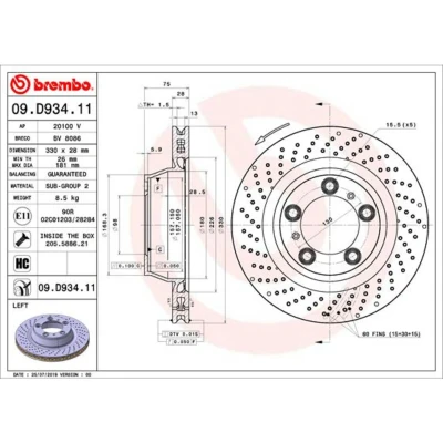 Imagem de BREMBO 09.D934.11 Disco de travão 330 28 5 perfurado/ventilado revestido alto carbono com parafusos PORSCHE: 911 Cabrio