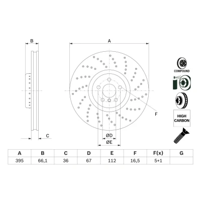 Imagem de BOSCH 0 986 479 F55 disco de travão 395 36 5 112 duas peças, perfurado/ventilado revestido alto carbono com parafusos