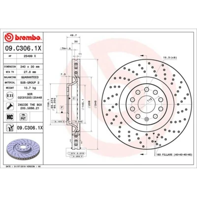 Imagem de BREMBO 09.C306.1X Disco de travão 340 30 9 perfurado/ventilado revestido alto carbono com parafusos SEAT: Leon III ST, VOLKSWAGEN: Golf 7 endado,