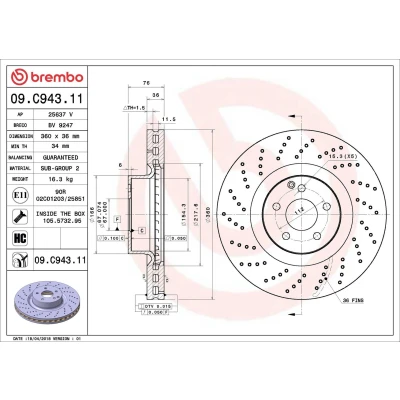 Imagem de BREMBO 09.C943.11 Disco de travão 360 36 5 perfurado/ventilado revestido alto carbono com parafusos MERCEDES BENZ: Classe S Sedan, Coupe