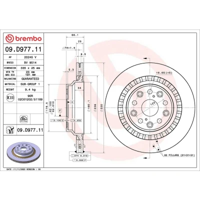 Imagem de BREMBO 09.D977.11 Disco de travão 335 25 5 interior ventilado revestido