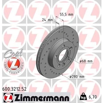 Imagem de ZIMMERMANN SPORT COAT Z 600.3212.52 Disco de travão 280 24 6/5 5 112 interior ventilado, perfurado revestido VOLKSWAGEN: TRANSPORTER 4 Bus