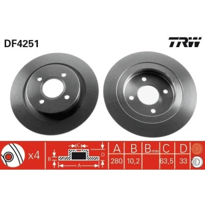 Imagem de TRW DF4251 Disco de travão 280 10,2 4 108 cheio pintado FORD: Focus Mk1 Hatchback, Carrinha