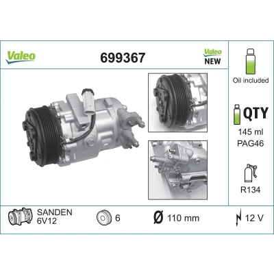 Imagem de VALEO 699367 compressor 6V12 12 PAG 46 R 134a com óleo de NEW ORIGINAL PART OPEL: Combo C Van / Carrinha, Corsa Hatchback, Meriva A