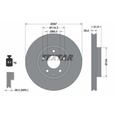 Imagem de TEXTAR 92257405 Disco de travão 297 28 05/06 114,3 interior ventilado revestido alto carbono sem pernos fixação da roda, cubo roda