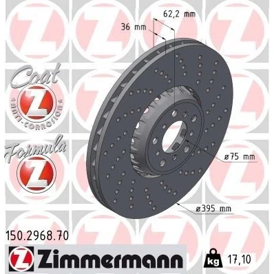 Imagem de ZIMMERMANN disco de travão BMW: X5 395mm 36mm 10/5 5furos 112mm ventilado, perfurado, duas peças 150.2968.70 Discos
