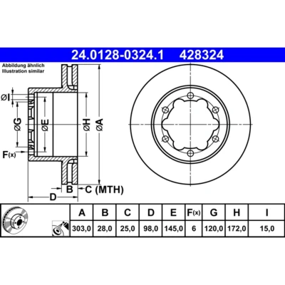 Imagem de ATE 24.0128 0324.1 Disco de travão 303,0 28,0 6 145,0 ventilado revestido ligado/alto carbono VOLKSWAGEN: Crafter Van