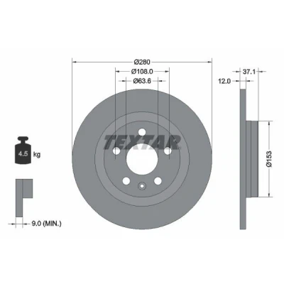 Imagem de TEXTAR 92323803 Disco de travão 280 12 05/06 108 cheio revestido sem pernos fixação da roda, cubo roda