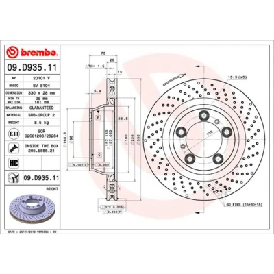 Imagem de BREMBO Disco de travão PORSCHE: 911 Cabrio 28mm 5 perfurado/ventilado revestido alto carbono com parafusos 09.D935.11 91135240200,99135240200