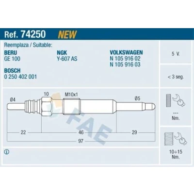Imagem de FAE 74250 Vela incandescente 5V M 10x1 SEAT: Ibiza 4 Sportcoupe, Leon II Hatchback, I VOLKSWAGEN: Transporter 5, Golf Caddy 3