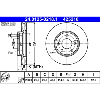 Imagem de ATE 24.0125 0218.1 Disco de travão 288,0 25,0 5 114,3 ventilado revestido alto carbono HYUNDAI: i30 III Hatchback, KIA: Ceed Van / Hatchback