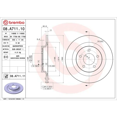 Imagem de BREMBO Disco de travão MAZDA: 5 COATED DISC LINE 302mm 11mm cheio revestido 08.A711.11 C23Y26251A,C26Y26251,C26Y26251A Discos