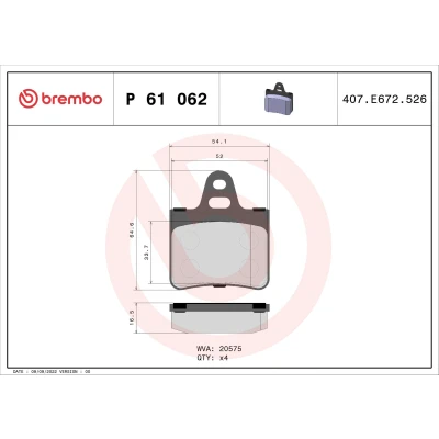 Imagem de BREMBO P 61 062 Jogo de pastilhas para travão disco excl. contacto aviso desgaste sem acessórios CITROËN: BX Hatchback, CX 2, Carrinha