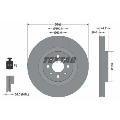Imagem de TEXTAR 92202203 Disco de travão 305 28 04/08 100 interior ventilado revestido sem pernos fixação da roda, cubo roda PRO+