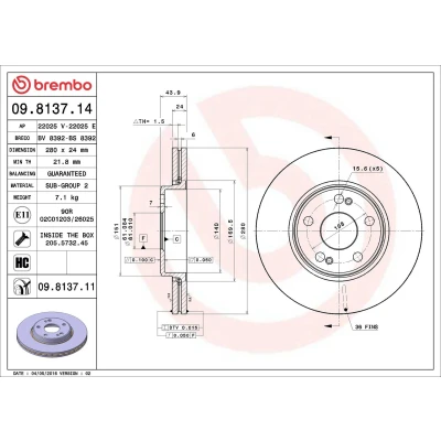 Imagem de BREMBO 09.8137.11 Disco de travão 280 24 5 interior ventilado revestido alto carbono com parafusos RENAULT: Scénic 1, MEGANE 2 Kombi