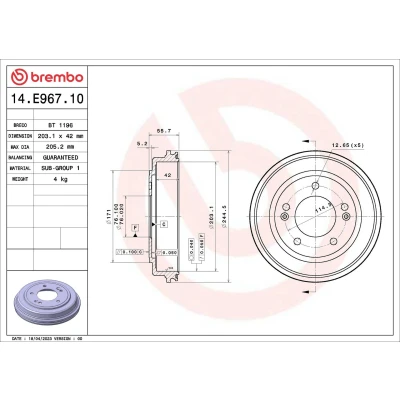 Imagem de BREMBO 14.E967.10 Tambor de Travão sem jogo rolamentos roda 203,1