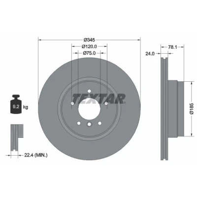 Imagem de TEXTAR PRO 92161203 Disco de travão 345 24 05/06 120 interior ventilado revestido sem pernos fixação da roda, cubo roda BMW: X5, X6