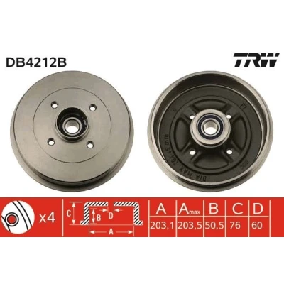 Imagem de TRW DB4212B Tambor de Travão com chumaceira, sem anel sensor do ABS RENAULT: Kangoo I, I Express endado, norauto, oscaro, mister auto