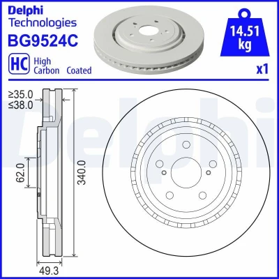 Imagem de DELPHI Disco de travão 340mm 38mm 5 ventilado revestido alto carbono BG9524C T435124815,435120E070,4351248150 Discos