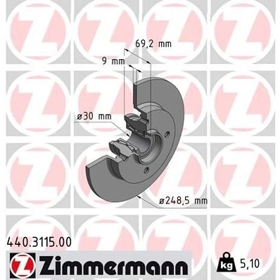 Imagem de ZIMMERMANN 440.3115.00 Disco de travão 248 9 4/4 4 108 cheio com o rolamento da roda, anel sensor do ABS PEUGEOT: 307 SW, 208 I Hatchback