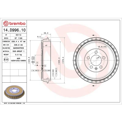 Imagem de BREMBO 14.D996.10 Tambor de Travão 228,4