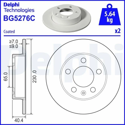 Imagem de DELPHI Disco de travão 230mm 9mm 5 cheio revestido BG5276C Discos