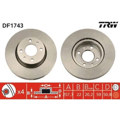 Imagem de TRW DF1743 Disco de travão 257,5 22 4 98 ventilado pintado ALFA ROMEO: 164