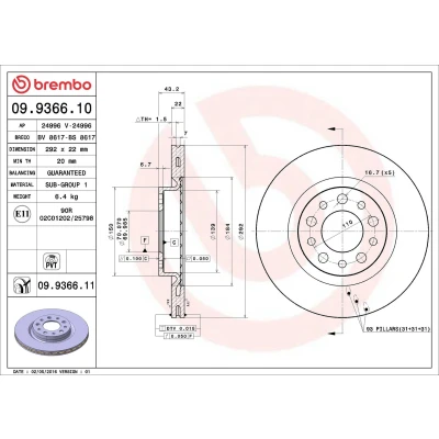 Imagem de BREMBO COATED DISC LINE 09.9366.11 Disco de travão 292 22 5 interior ventilado revestido ALFA ROMEO: 159 Sportwagon, Sedan, Brera