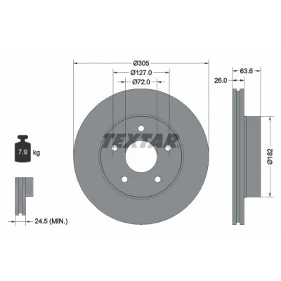 Imagem de TEXTAR 92113600 Disco de travão 305 26 05/05 127 interior ventilado sem o rolamento da roda, pernos fixação cubo roda
