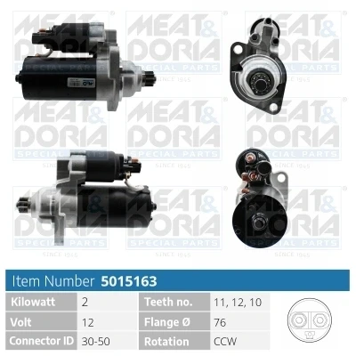 Imagem de MEAT &amp; DORIA 5015163 Motor de arranque 12V 2kW 11, 12, 10 30 50 76mm VOLKSWAGEN: Transporter 5, 5 Bus, Passat B6 Variant