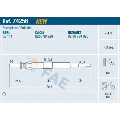 Imagem de FAE 74256 Vela incandescente 4,4V M 10x1 RENAULT: GRAND SCENIC 3, MEGANE 3 Grandtour,