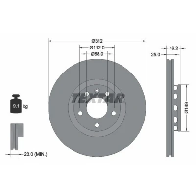 Imagem de TEXTAR PRO+ 92106105 Disco de travão 312 25 05/06 112 ventilado fora revestido alto carbono sem pernos fixação da roda, cubo roda