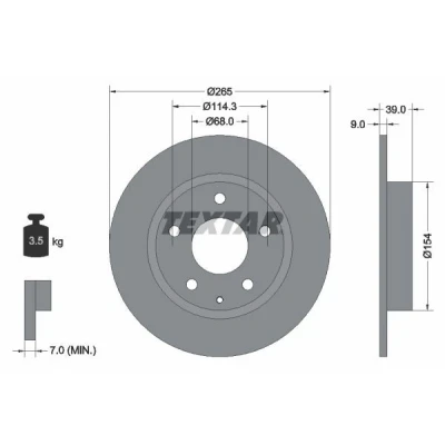Imagem de TEXTAR PRO 92267703 Disco de travão 265 9 05/06 114,3 cheio revestido sem o rolamento da roda, pernos fixação cubo roda