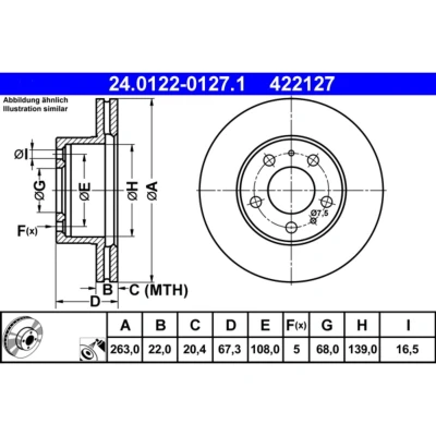 Imagem de ATE 24.0122 0127.1 Disco de travão 263,0 22,0 5 108,0 ventilado revestido VOLVO: 240 Carrinha, Sedan