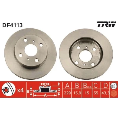 Imagem de TRW DF4113 Disco de travão 229 15,9 4 100 ventilado pintado TOYOTA: Starlet IV Hatchback, V Hatchback