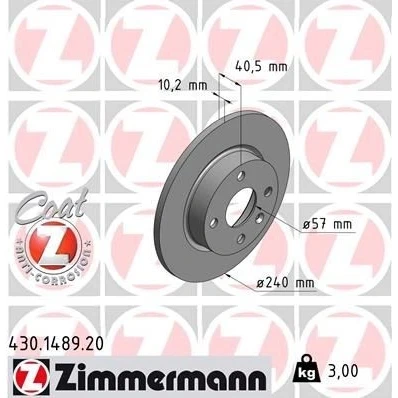 Imagem de ZIMMERMANN Disco de travão OPEL: Corsa C Hatchback, Tigra Twintop COAT Z 240mm 10mm 5/4 4furos 100mm cheio revestido 430.1489.20 569112,9196592
