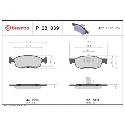Imagem de BREMBO P 68 039 Jogo de pastilhas para travão disco excl. contacto aviso desgaste sem acessórios DACIA: Logan I MCV