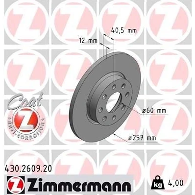 Imagem de ZIMMERMANN COAT Z 430.2609.20 Disco de travão 257 12 8/4 4 100 cheio revestido FIAT: Grande Punto Hatchback, Evo Hatchback