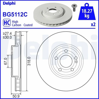 Imagem de Disco de travão DELPHI BG5112C frente/ventilado/altamente carbonizado/1 peça