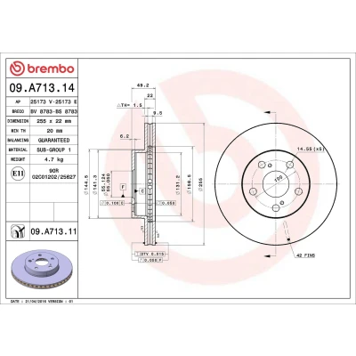 Imagem de BREMBO COATED DISC LINE 09.A713.11 Disco de travão 255 22 5 interior ventilado revestido TOYOTA: Prius II Liftback