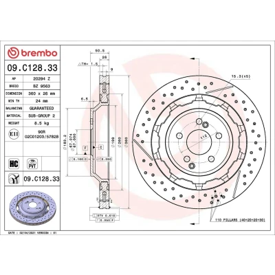 Imagem de BREMBO 09.C128.33 disco de travão 360 26 5 interior ventilado, ranhurado/perfurado, duas peças revestido alto carbono