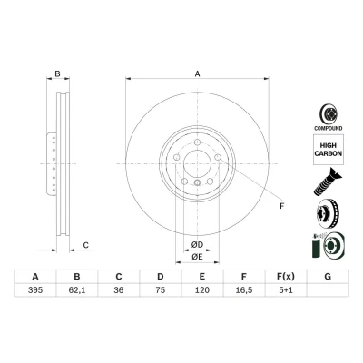Imagem de BOSCH 0 986 479 E84 disco de travão 395 36 5 120 duas peças, ventilado revestido alto carbono com parafusos BMW: X5, X6