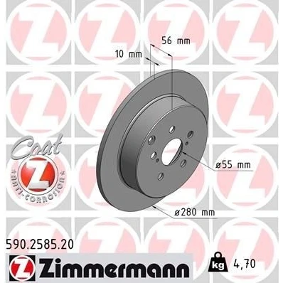 Imagem de ZIMMERMANN Disco de travão TOYOTA: Avensis II Station Wagon, Sedan, Hatchback COAT Z 280mm 10mm 8/5 5furos 100mm cheio revestido