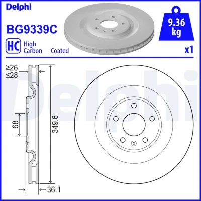 Imagem de DELPHI BG9339C Disco de travão 350 28 5 ventilado revestido alto carbono sem o rolamento da roda, anel sensor do ABS