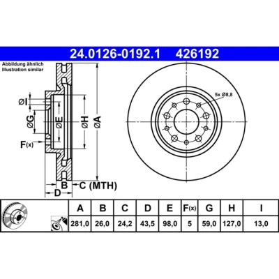 Imagem de ATE 24.0126 0192.1 Disco de travão 281,0 26,0 5 98,0 ventilado revestido FIAT: Tipo Carrinha, Hatchback, Sedan